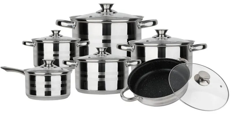 Set Vase Gătit din Inox, 12 Piese, Capacități 6.6 - 1.5 Litri, Bază 3 Straturi (Inducție), Capace din Sticlă Termorezistentă