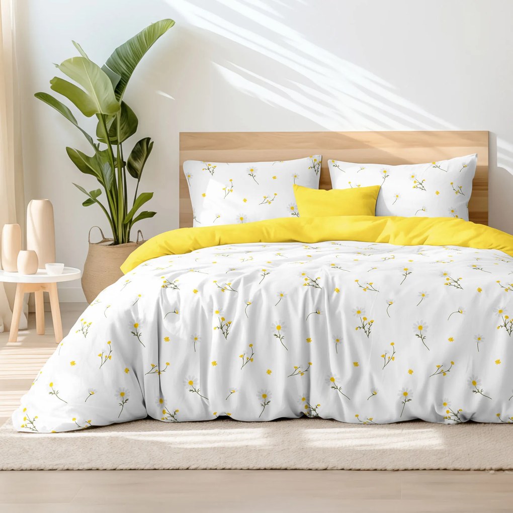 Goldea lenjerie de pat din 100% bumbac duo - mușețel cu galben 200 x 220 și 2buc 50 x 70 cm (din două bucăți, cusătură pe mijloc)