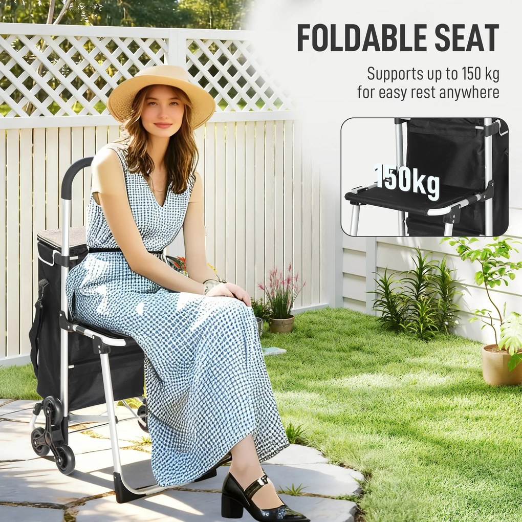 HOMCOM Cărucior de Cumpărături cu Geantă Impermeabilă de 40L, 46x59.5x97 cm, Negru și Argintiu | Aosom Romania