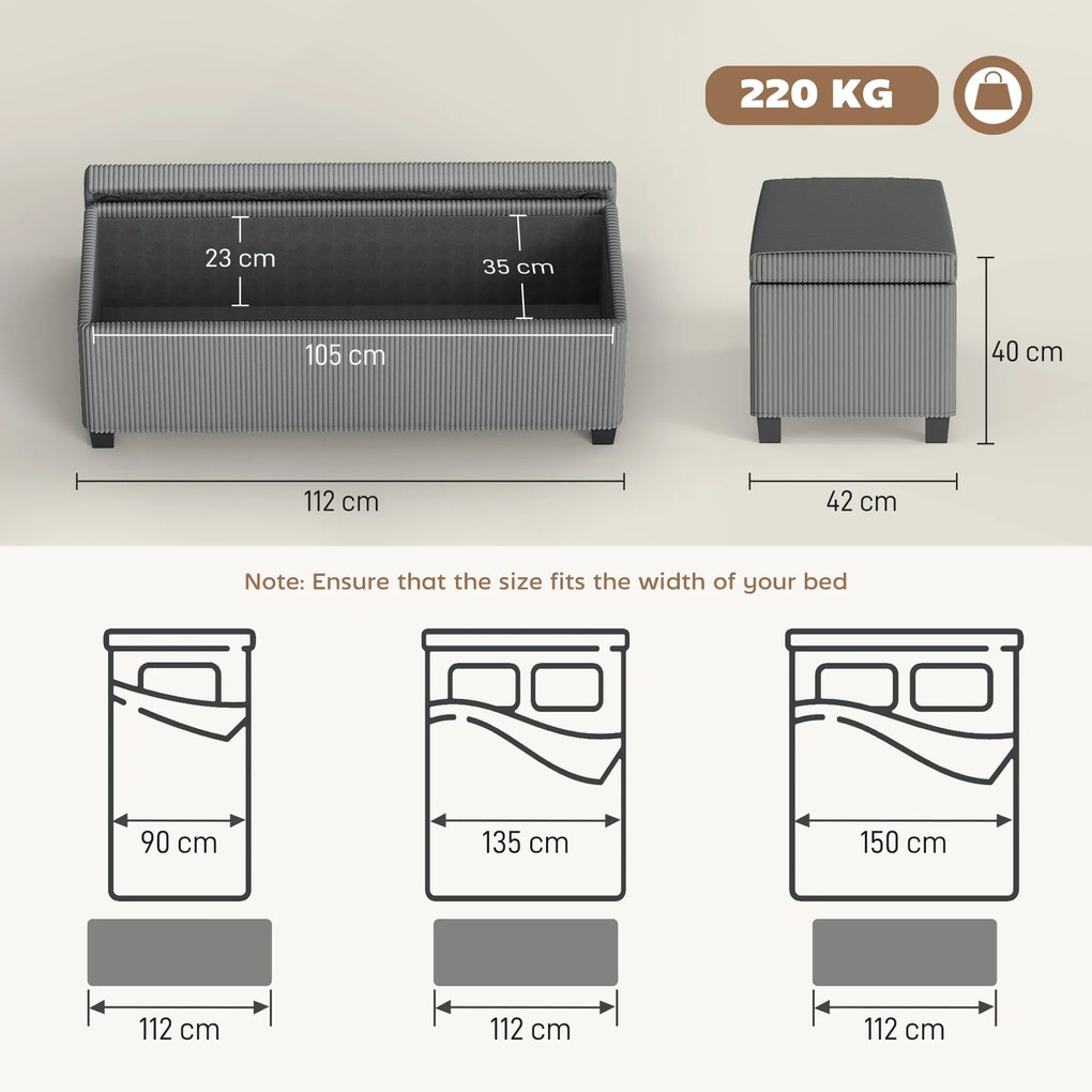 HOMCOM Bancă cu spațiu de depozitare, bancă tapițată pentru depozitare, pentru living, dormitor, hol, husă din catifea reiată, Gri | Aosom Romania