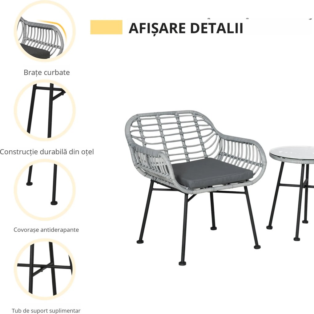 Outsunny Set Mobilier de Grădină din Ratan Gri 3 Piese Salon în Aer Liber cu 2 Scaune și Masă cu Blat de Sticlă pentru Terasă | Aosom Romania