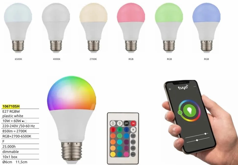 Bec smart E27 RGBW LED 10W 850lm 2700-6500K