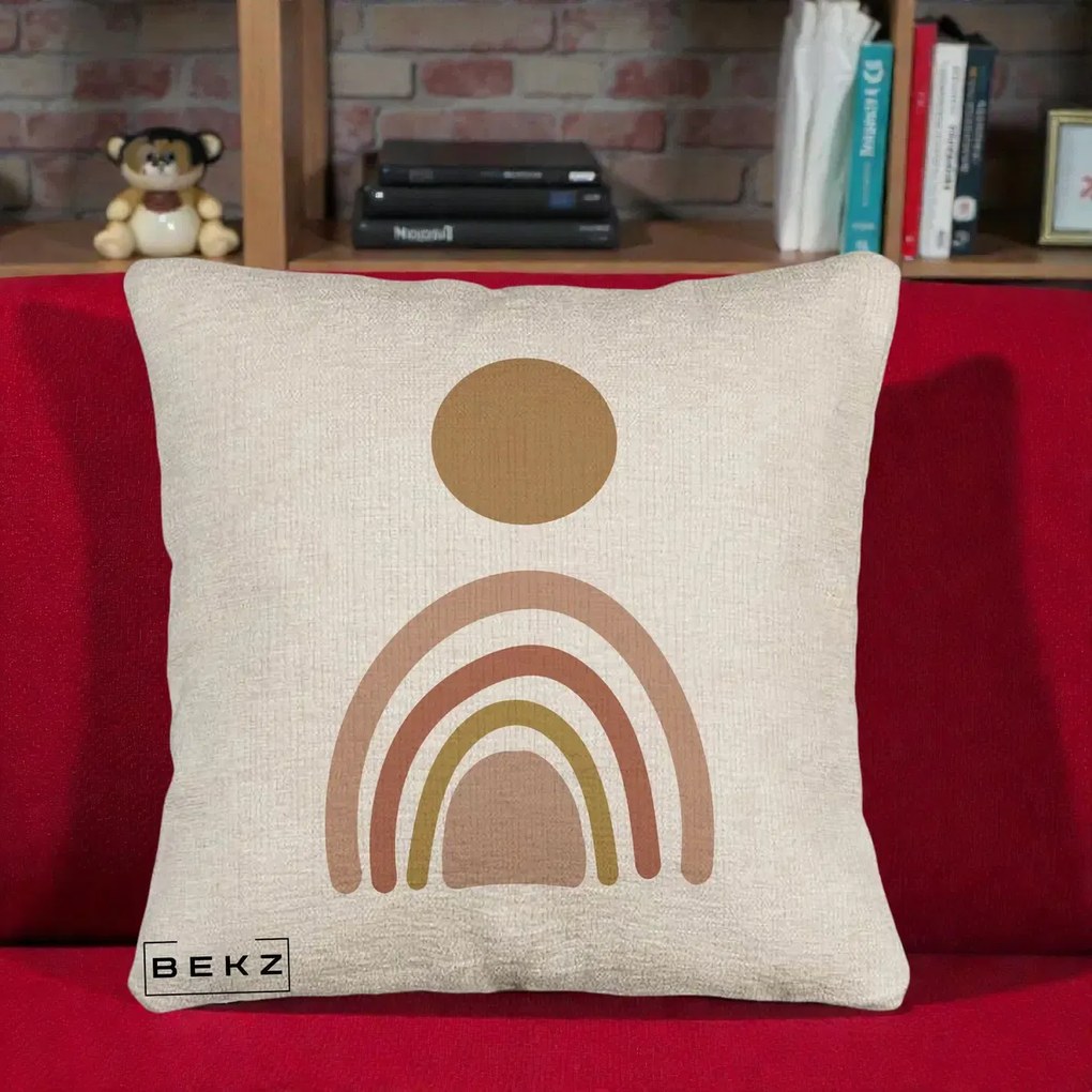 Perna Decorativa Boho Rainbow Sun, 40x40 cm, Bej Canapea, Husa Detasabila, Perna Inclusa, BEKZ®