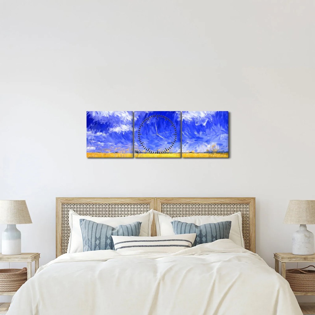 Tablou - Pictură în ulei, câmp auriu (cu ceas) (90x30 cm)