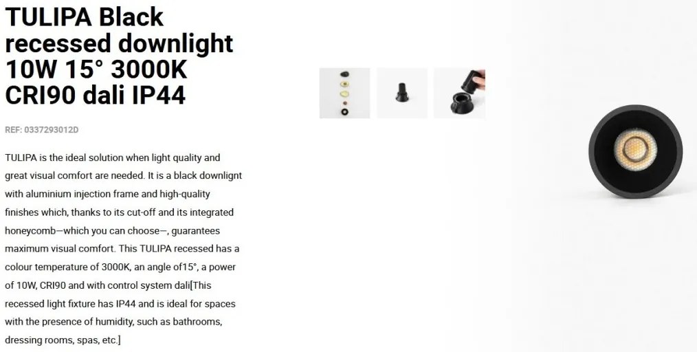Spot LED incastrabil TULIPA Black recessed downlight 10W 15° 3000K CRI90 dali IP44