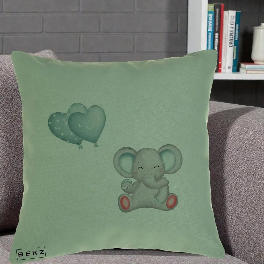 Perna Decorativa, Model Elefant si baloane in forma de inimioare, 40x40 cm, Verde, Husa Detasabila, Perna Inclusa, BEKZ®