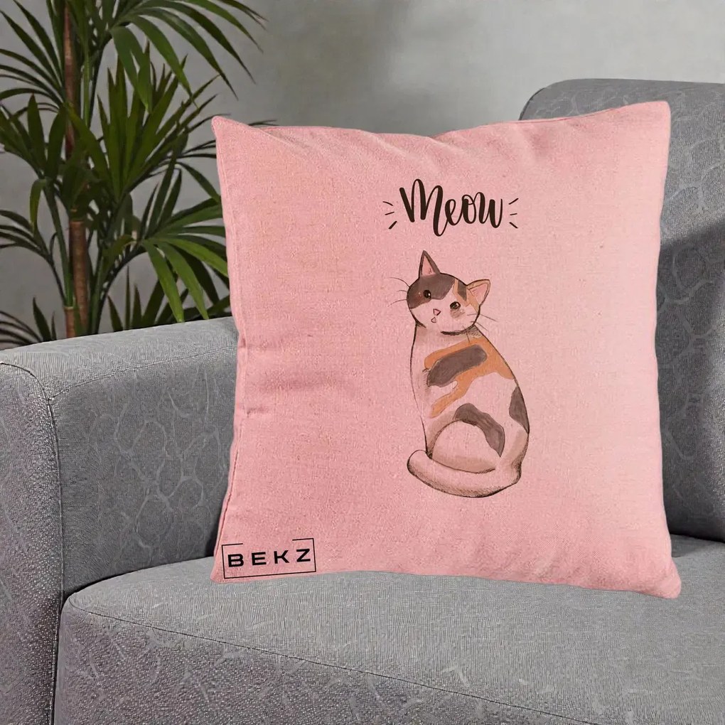 Perna Personalizata Pisica Meow Acuarela, 40x40 cm, Roz, Husa Detasabila, Perna Inclusa, BEKZ®
