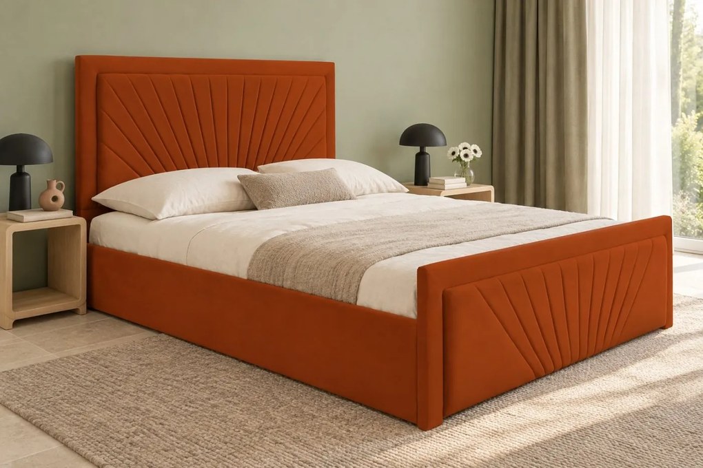 Pat tapițat din catifea Orin 160×200 cm, cărămiziu, cu ladă de depozitare