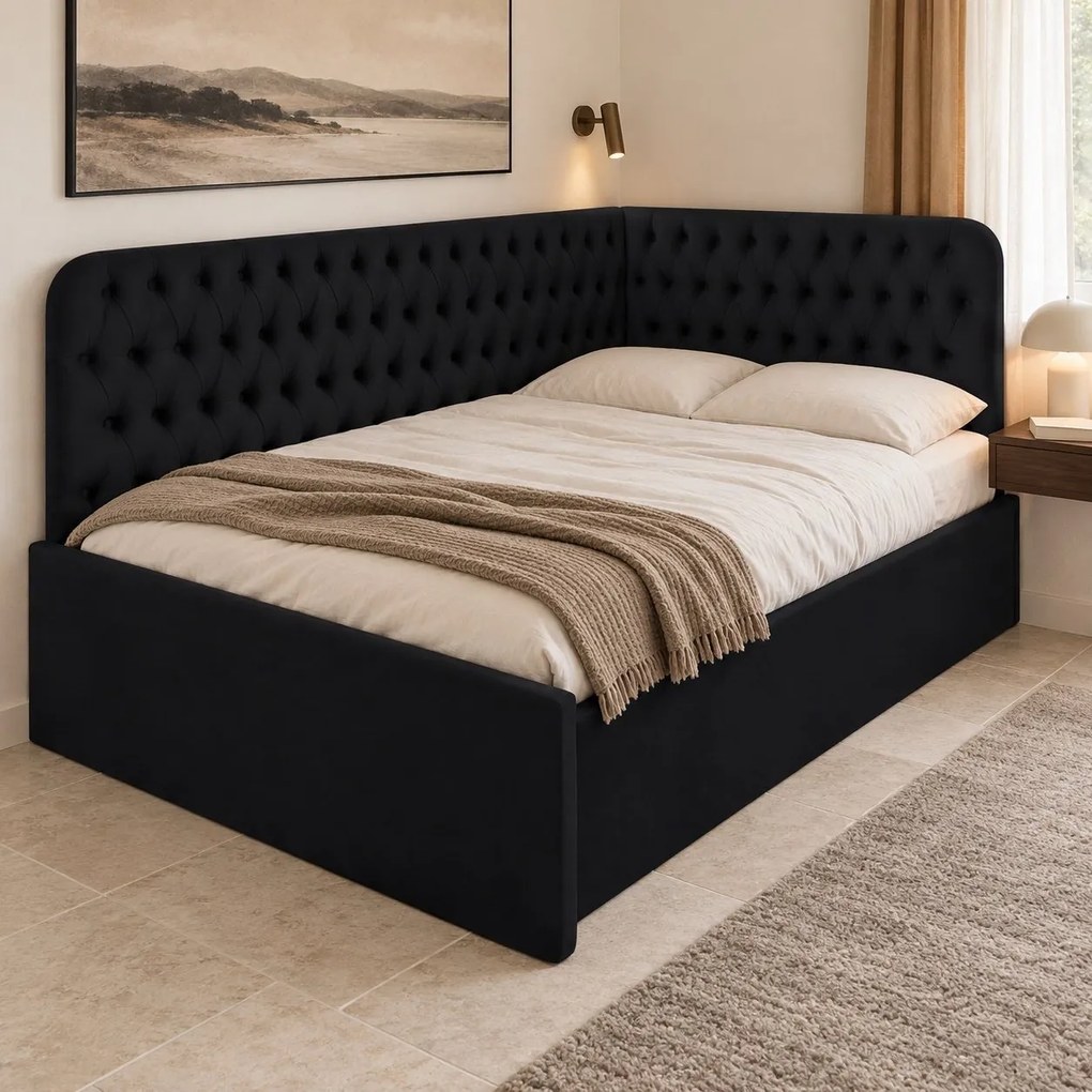 Pat tapițat pentru copii din catifea Elyra 140×200 cm, negru, colț stânga, cu ladă de depozitare