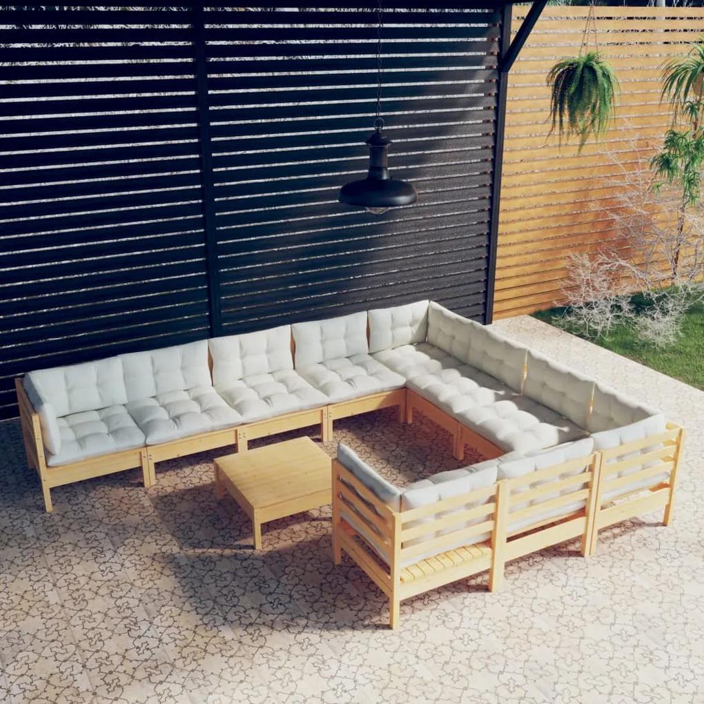 3097001 vidaXL Set mobilier grădină cu perne crem, 11 piese, lemn de pin