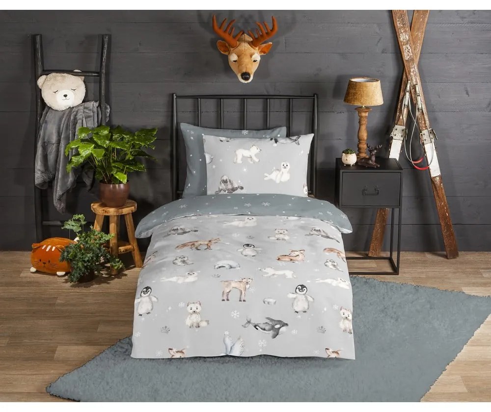 Lenjerie de pat pentru copii gri din flanelă pentru pat de o persoană 140x200 cm Cira – Good Morning
