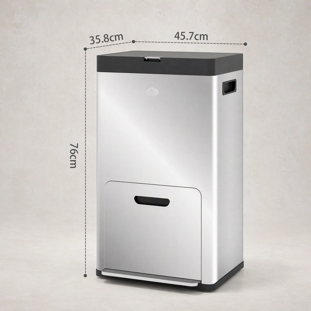 HOMCOM Coș de Gunoi cu 3 Compartimente de 56L, Pedală și Închidere Silențioasă, 45,7x35,8x76 cm, Argintiu | Aosom Romania