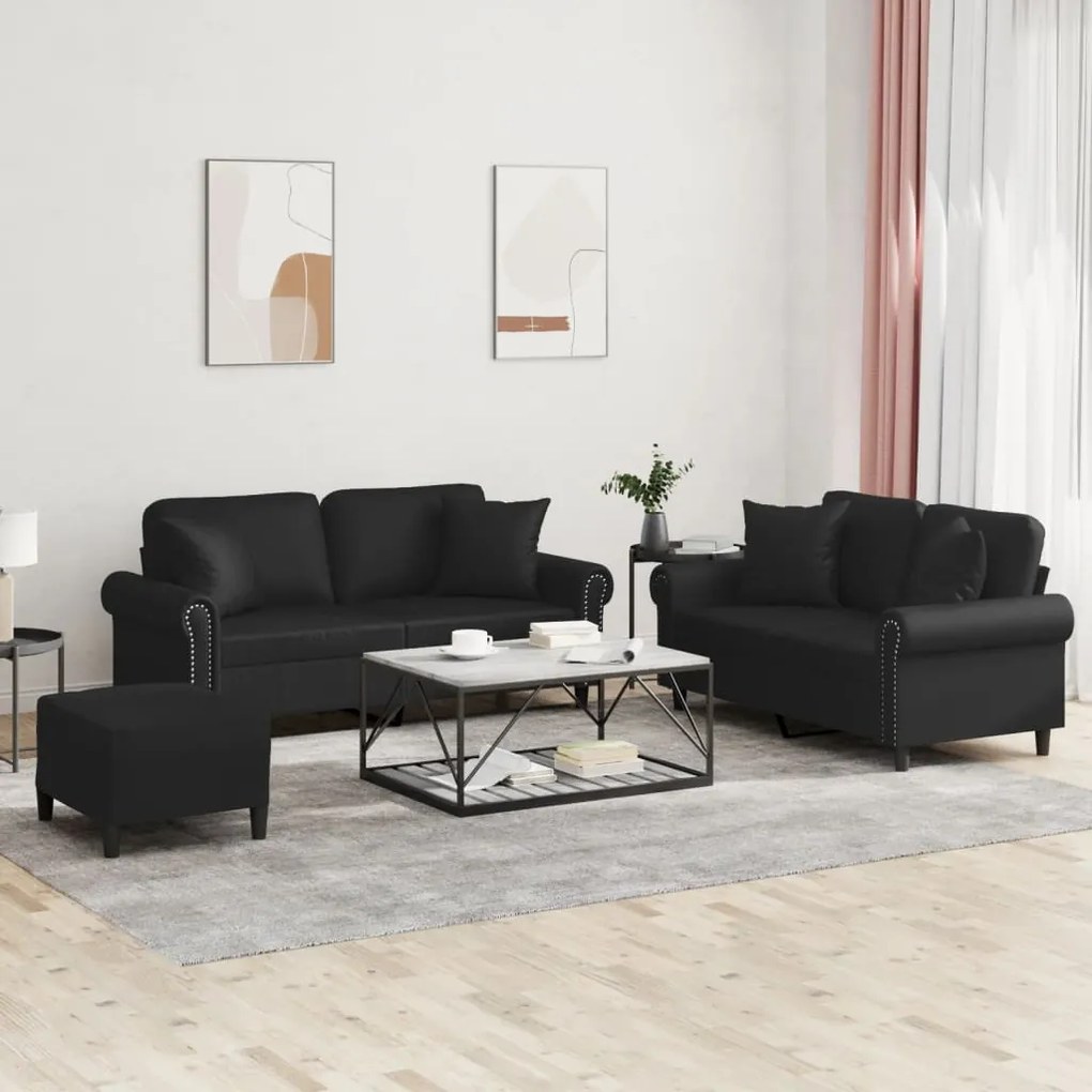 vidaXL Set de canapele cu perne, 3 piese, negru, piele ecologică
