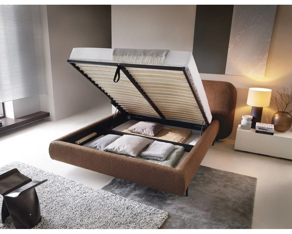 Pat matrimonial teracotă tapițat cu spațiu de depozitare cu somieră 160x200 cm Pointt – ELTAP