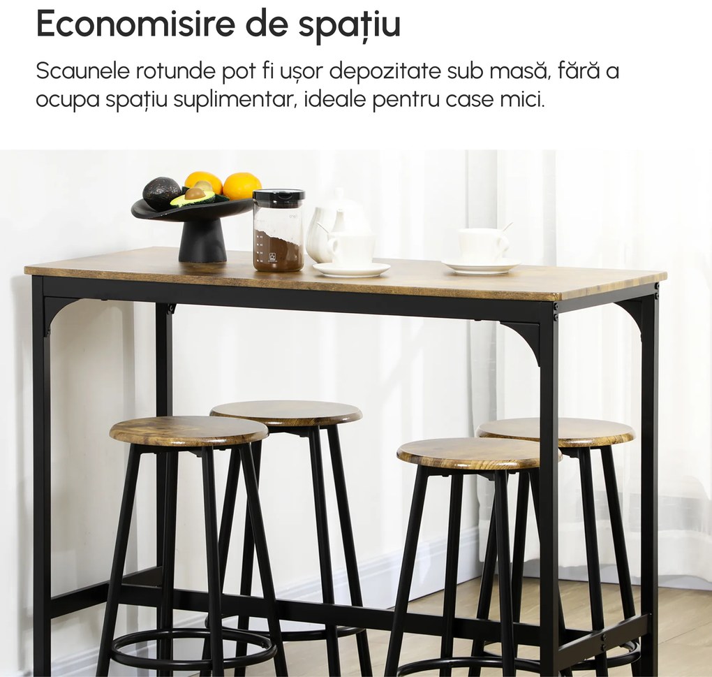 Set Masa Bar Industrială HOMCOM cu 4 Scaune Rotunde, Economie de Spațiu, Design Rustic Maro, pentru Bucătărie | Aosom Romania