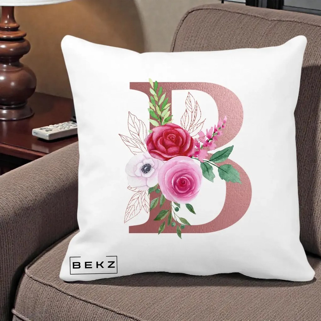 Cadou Personalizat - Perna Personalizata Monograma Rose Gold Litera B, 40x40 cm, Alba Mata, Husa Detasabila, Perna Inclusa, BEKZ®