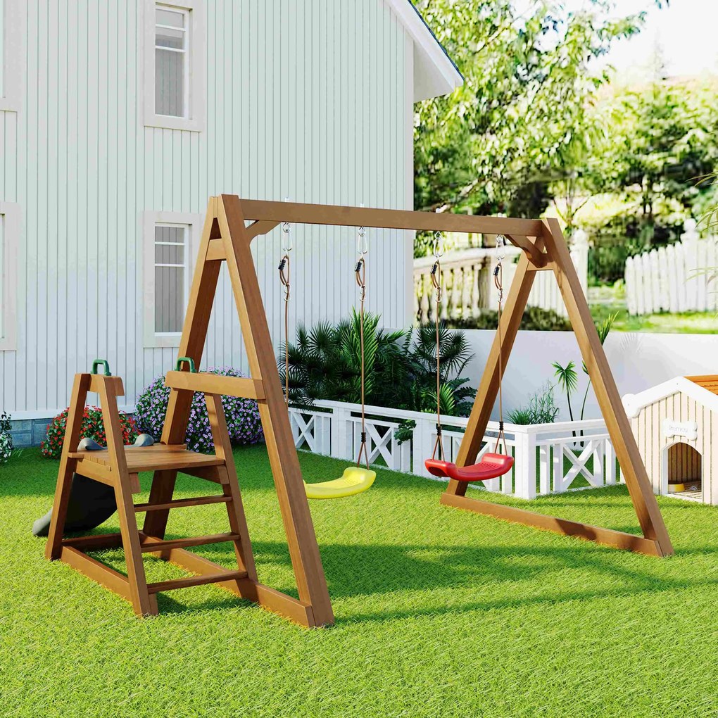 Leagăn Dublu pentru Copii din Lemn Masiv cu Tobogan de Grădină și Scară de Cățărat, Structură de Exterior, 239x240x169 cm, Natural