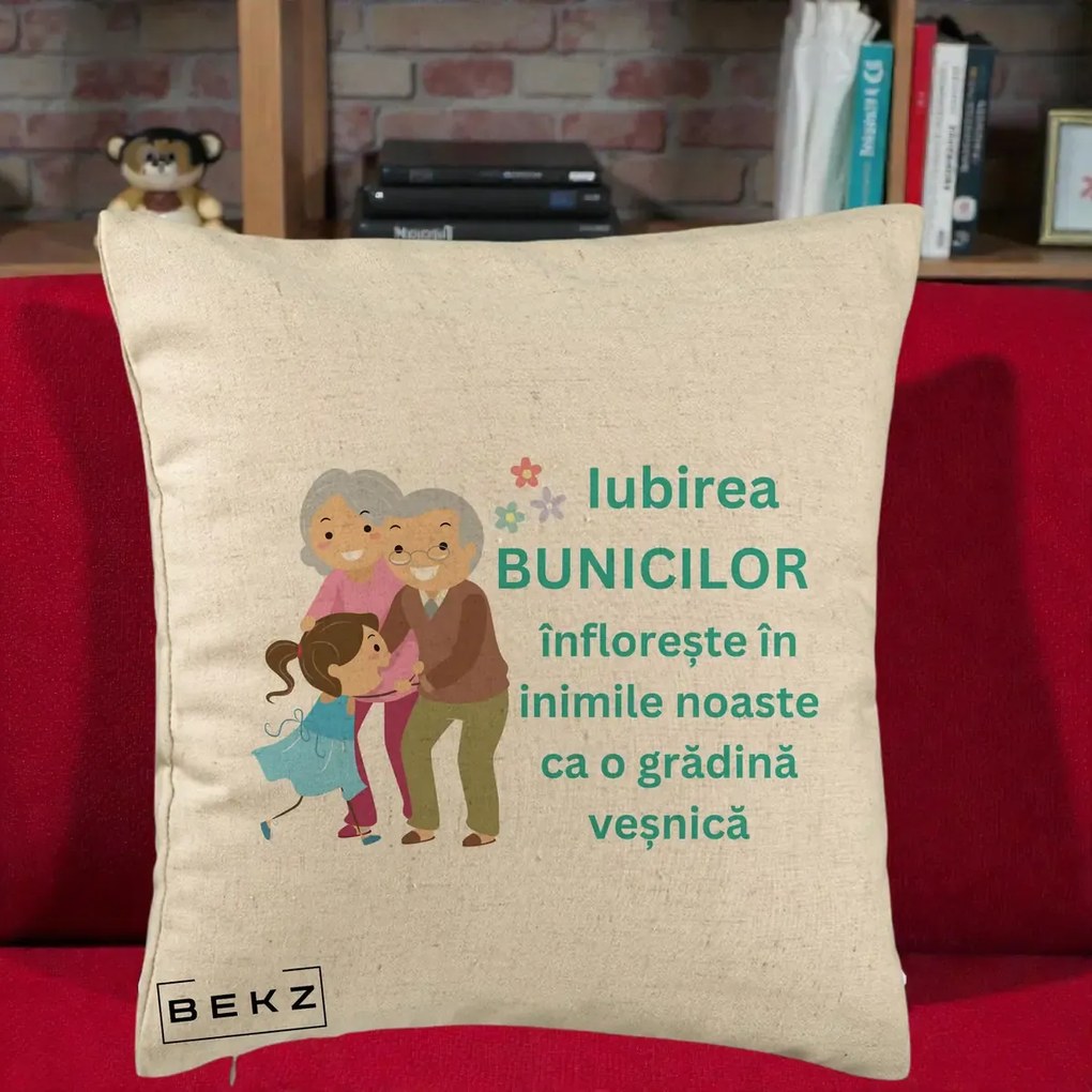 Cadou pentru Bunici - Perna Personalizata Bunicii Iubirea Infloreste cu Nepoata Teal, 40x40 cm, Bej, Husa Detasabila, Perna Inclusa, BEKZ®