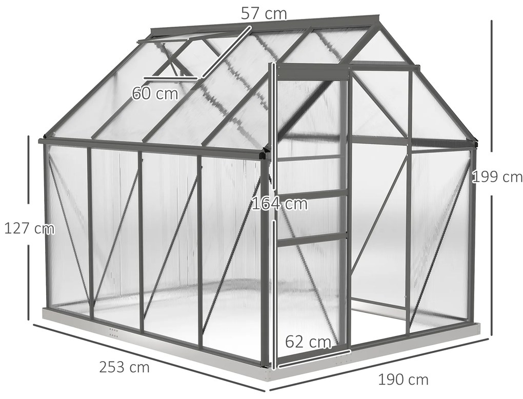 Outsunny Seră de grădină din policarbonat 4,8 m² cu fundație, clapetă reglabilă, ușă culisantă 1,9x2,53x1,99m transparent | Aosom Romania