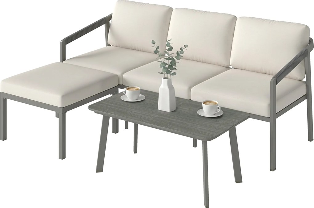 Outsunny Set Grădină Exterior 3 Piese cu Canapea 3 Locuri, Taburet, Masă de Cafea și Perne Maro și Bej | Aosom Romania