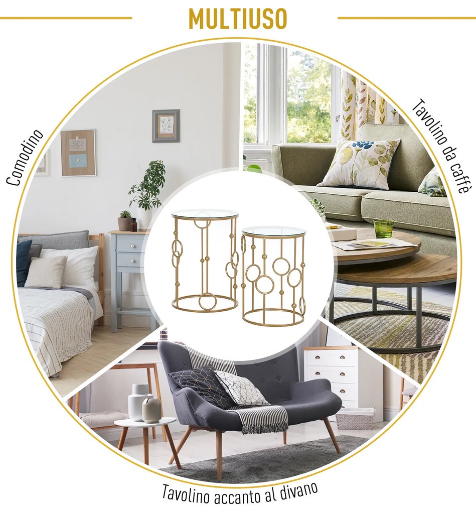 HOMCOM Set 2 Mese de Cafea, Design Modern, Metal și Sticlă, Auriu | Aosom Romania