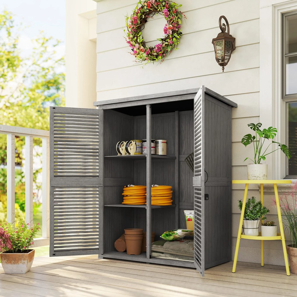 Outsunny Dulap de Grădină 0,83 m² 127x65x168 cm cu 2 Uși tip Oblon 2 Rafturi 2 Mânere și Acoperiș Impermeabil Gri | Aosom Romania