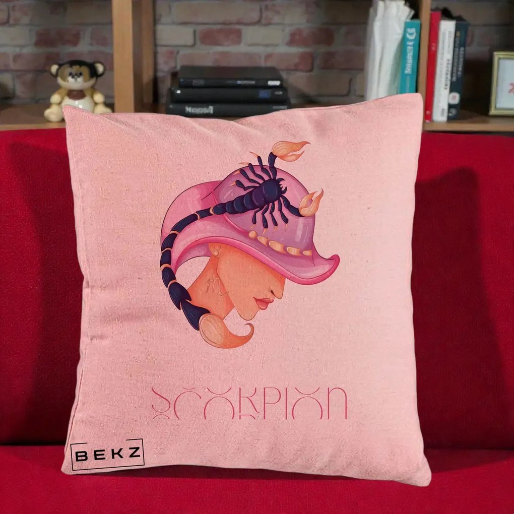 Perna Personalizata Zodiac Scorpion Cowgirl, 40x40 cm, Roz, Husa Detasabila, Perna Inclusa, BEKZ®