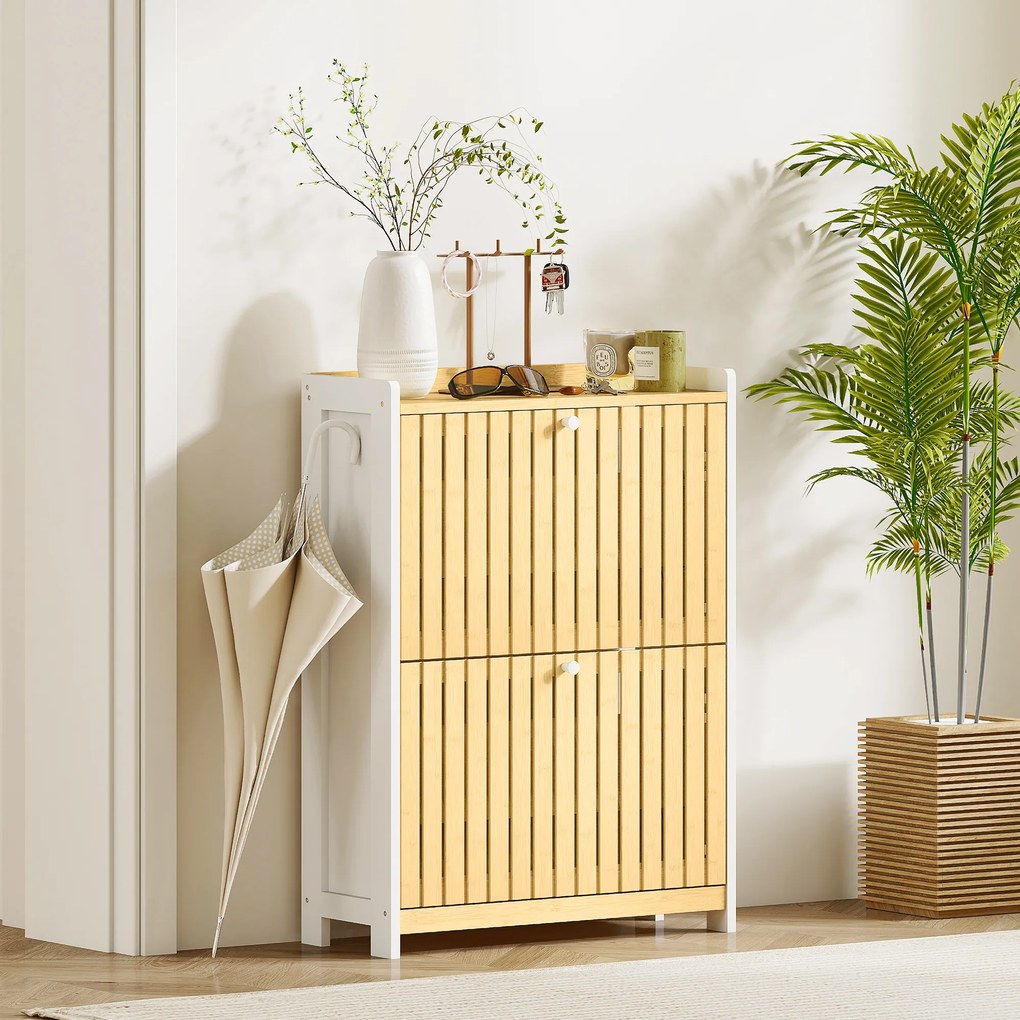 HOMCOM Pantofar Cu 2 Uși din Bambus Cu Lamele Rafturi Ajustabile pentru 12 Perechi de Pantofi Alb și Natural | Aosom Romania