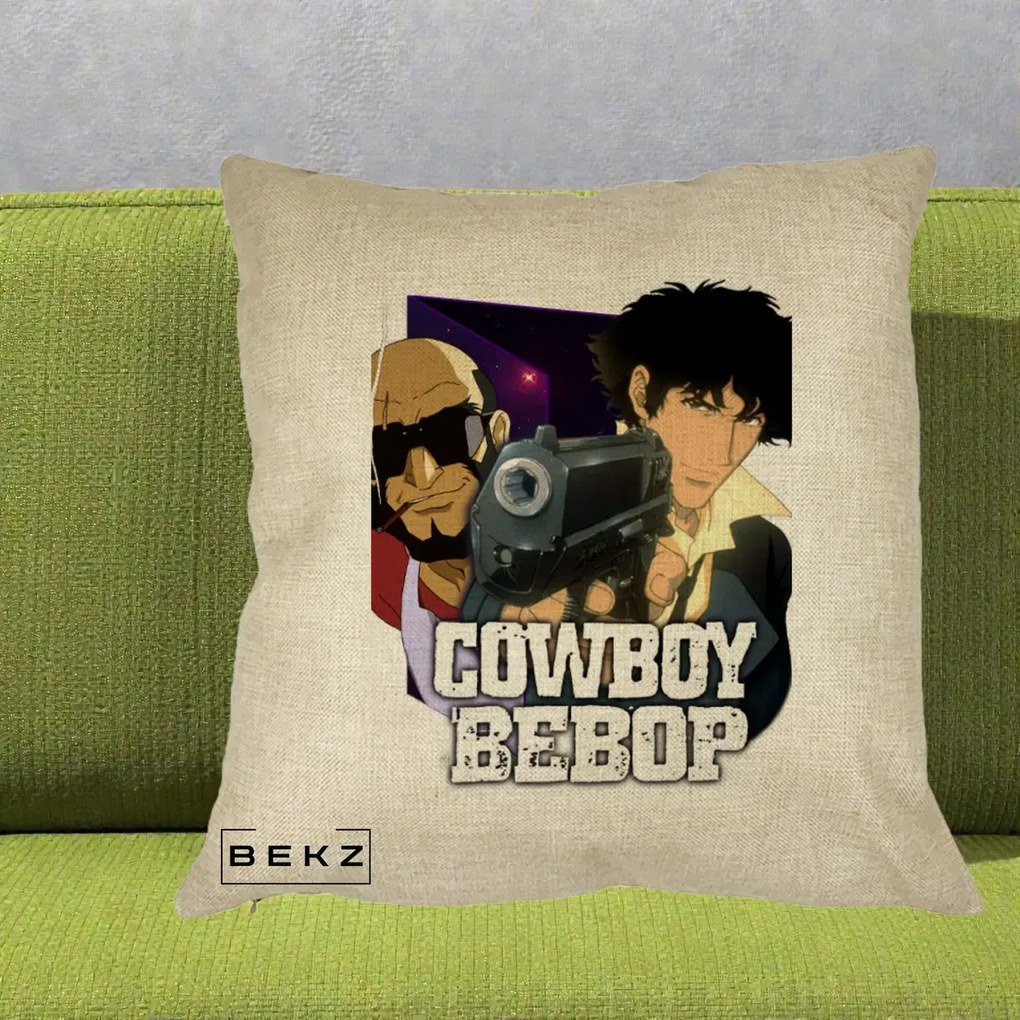 Perna Personalizata Cowboy Bebop Spike si Jet Poster, 40x40 cm, Crem, Husa Detasabila, Perna Inclusa, BEKZ®