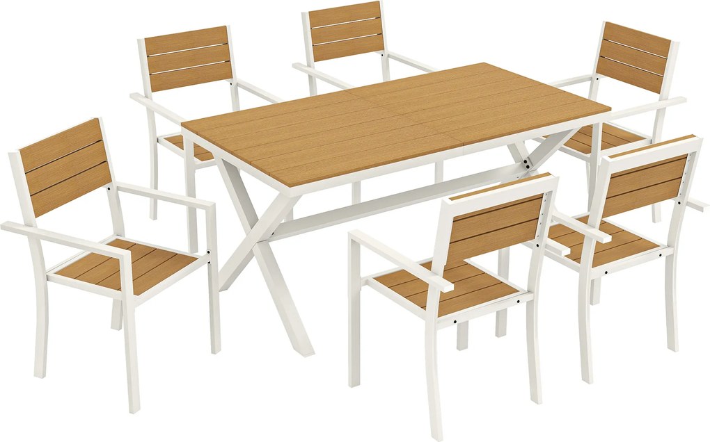 Outsunny Set Masă și Scaune de Grădină 7 Piese, Set Prânz Exterior din Aluminiu cu 6 Scaune Stivuibile, Masă cu Șipci Imitatie Lemn, pentru Terasă, Balcon, Patio, Teak | Aosom Romania
