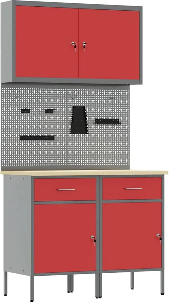 vidaXL Dulap de lucru cu sertar 5 pcs Roșu Lemn ingineresc și oțel