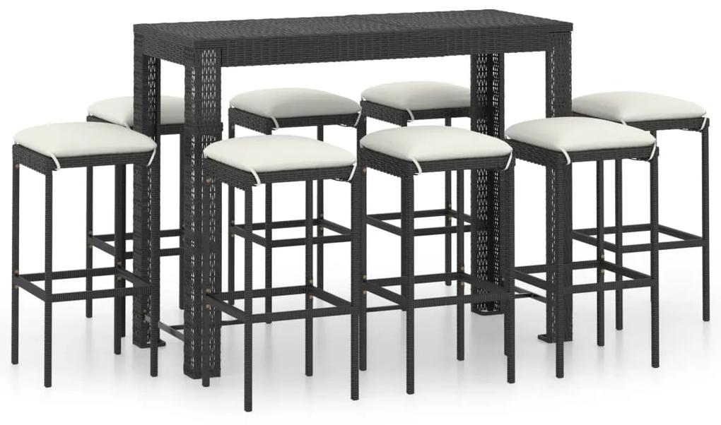 Set mobilier bar de gradina cu perne, 9 piese, negru, poliratan Negru, Lungime masa 140.5 cm, 9, Da