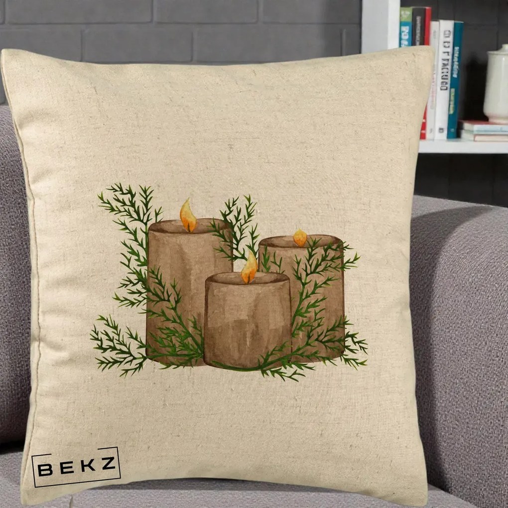 Perna Decorativa Lumanari Rustice cu Crengute Brad, 40x40 cm, Bej, Husa Detasabila, Perna Inclusa, BEKZ®