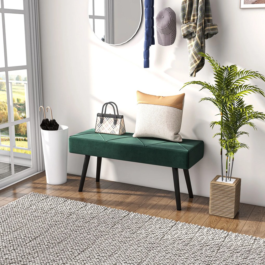 HOMCOM Bancă pentru Capătul Patului, Bancă cu Picioare din Oțel și Țesătură cu Efect de Catifea, 100x36x45 cm, Verde | Aosom Romania