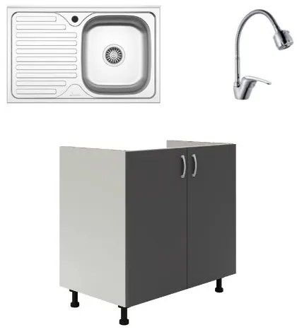 Set Masca Chiuveta Karo, Antracit/Alb, 80 x 50 x 80 cm, Chiuveta Inox, Cuva dreapta, Baterie Flexibila