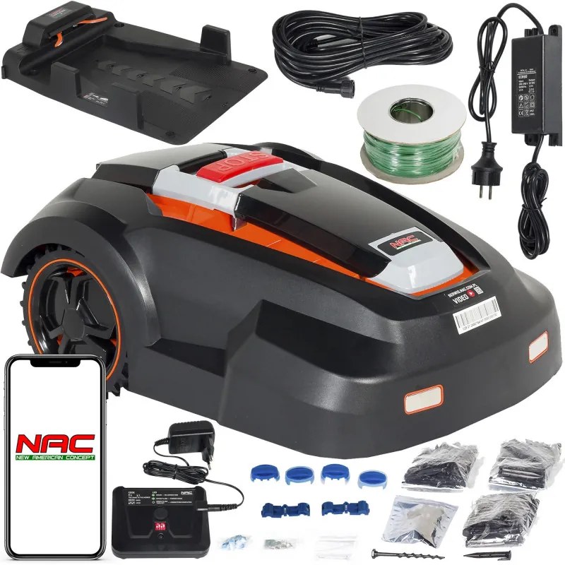 Resigilat: Robot de tuns iarba NAC RLM1500G2-NG, 1500M2, 28V, Li-Ion 4.0Ah, Negru/portocaliu