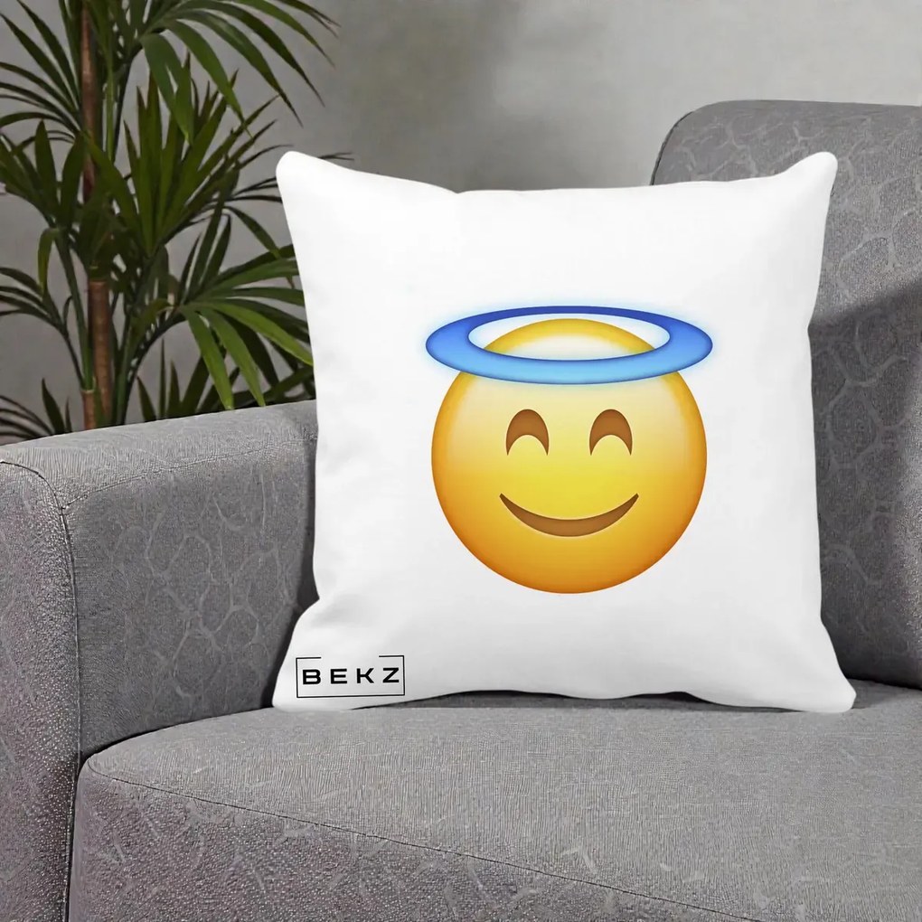 Perna Decorativa Emoji Inger cu Aureola, 40x40 cm, Alba Mata, Husa Detasabila, Perna Inclusa, BEKZ®