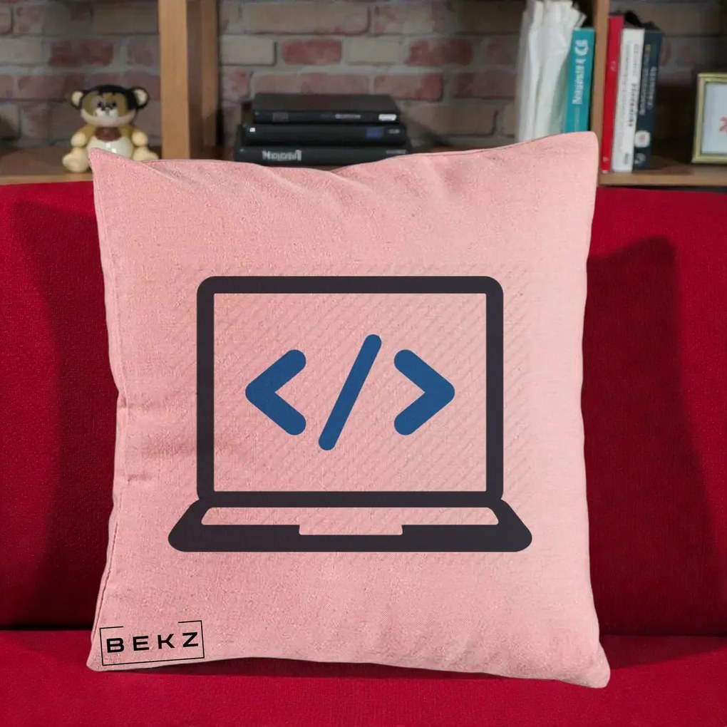 Perna Personalizata Laptop Cod HTML, 40x40 cm, Roz, Husa Detasabila, Perna Inclusa, BEKZ®