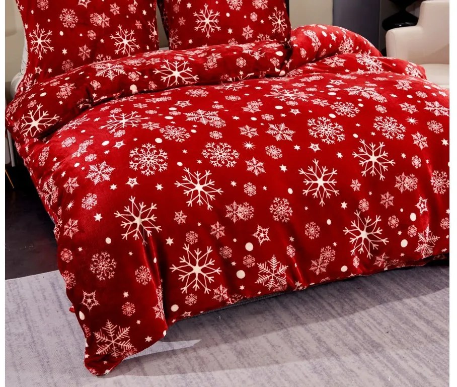 Set Lenjerie cocolino SNOWFALL rosu + Cearsaf Cocolino microplus SOFT 180x200 cm alb, pat dublu