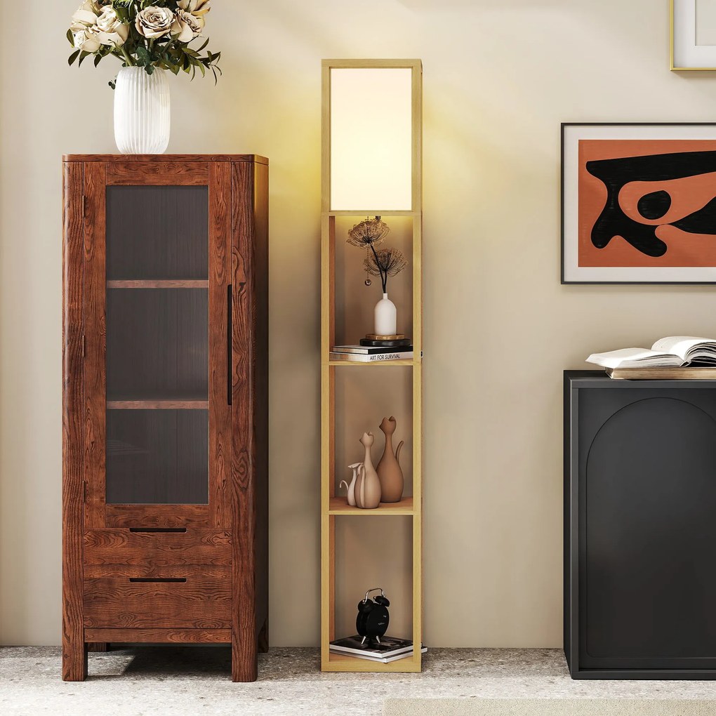 HOMCOM Lampă de Podea cu Rafturi de Depozitare Soclu E27 pentru Living Dormitor Birou Natural | Aosom Romania