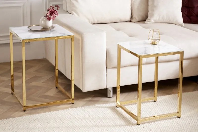 Neînvins Măsuță laterală Elegance set de 2 într-un cadru alb, auriu, cu aspect de marmură