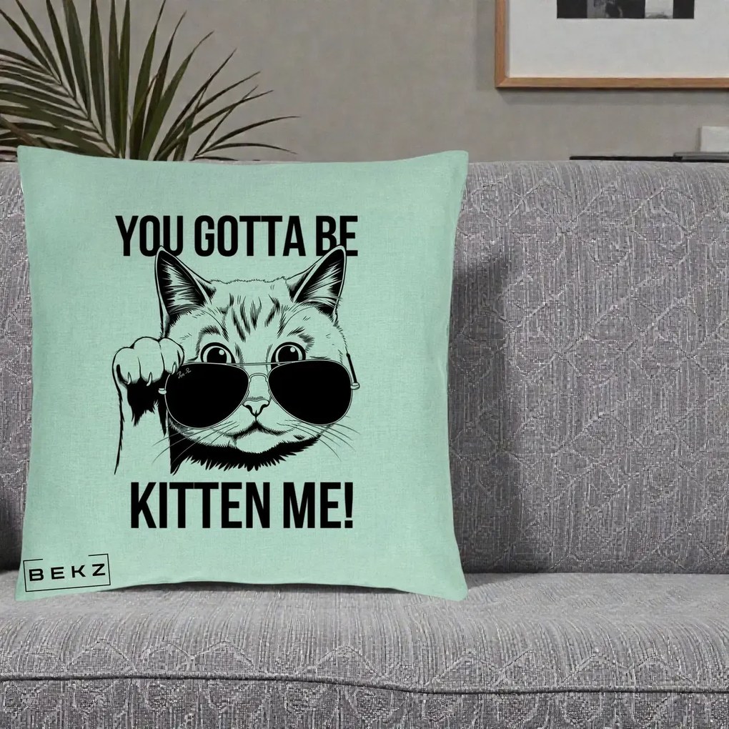 Perna Decorativa You Gotta Be Kitten Me!, 40x40 cm, Verde Menta, Husa Detasabila, Perna Inclusa, BEKZ®