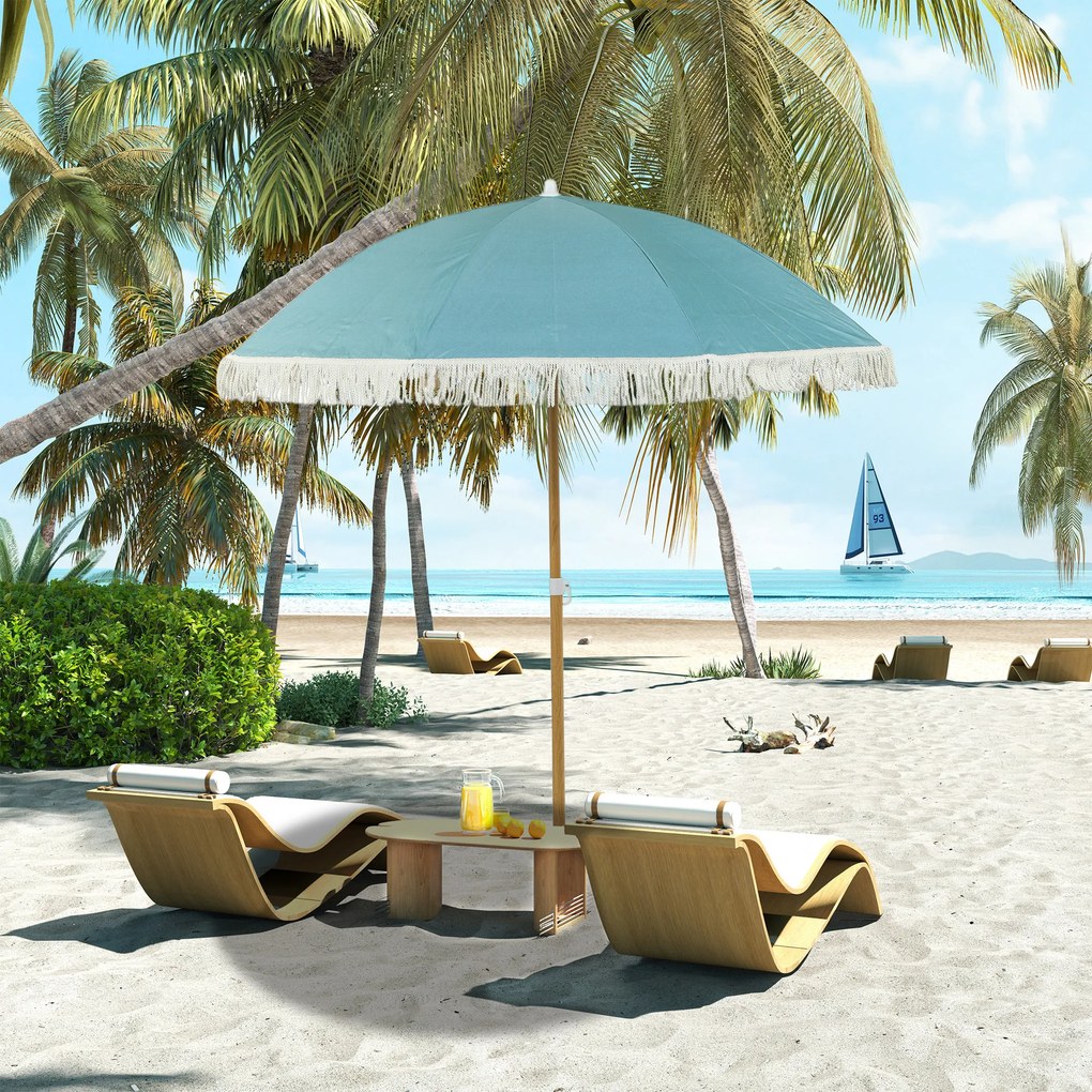 Outsunny Umbrelă de plajă mâner efect lemn Ø 1,7 m, umbrelă mare cu ciucuri înălțime reglabilă, UPF50+ sac de transport, bleu deschis | Aosom Romania