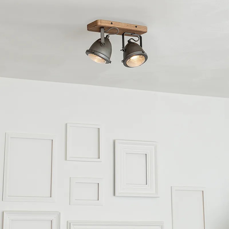 Spotlight industrial din oțel cu fixare din lemn și reglabil cu 2 lumini - Emado