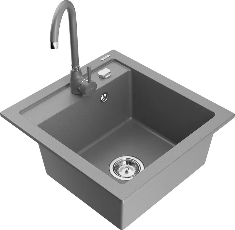 Mexen Vito chiuvetă de granit cu 1 bazin și baterie de bucătărie Telma, gri - 6503-71-670200-71