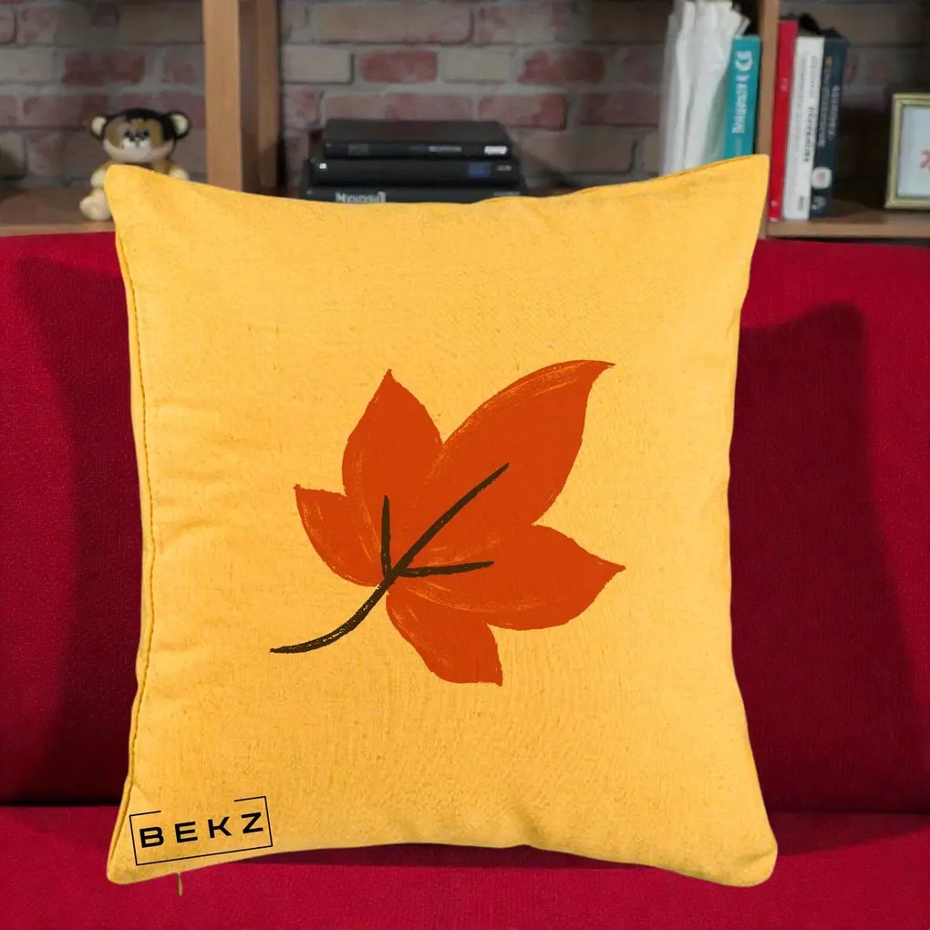 Perna Decorativa Frunza de Toamna Portocalie, 40x40 cm, Galben, Husa Detasabila, Perna Inclusa, BEKZ®