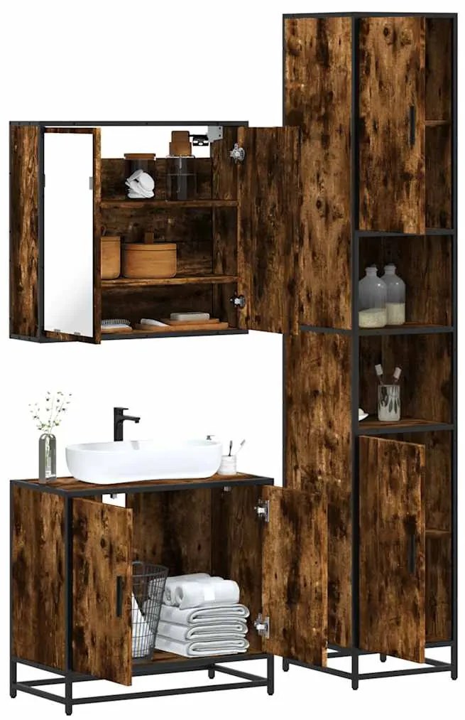 vidaXL Set mobilier de baie, 3 piese, stejar fumuriu, lemn prelucrat