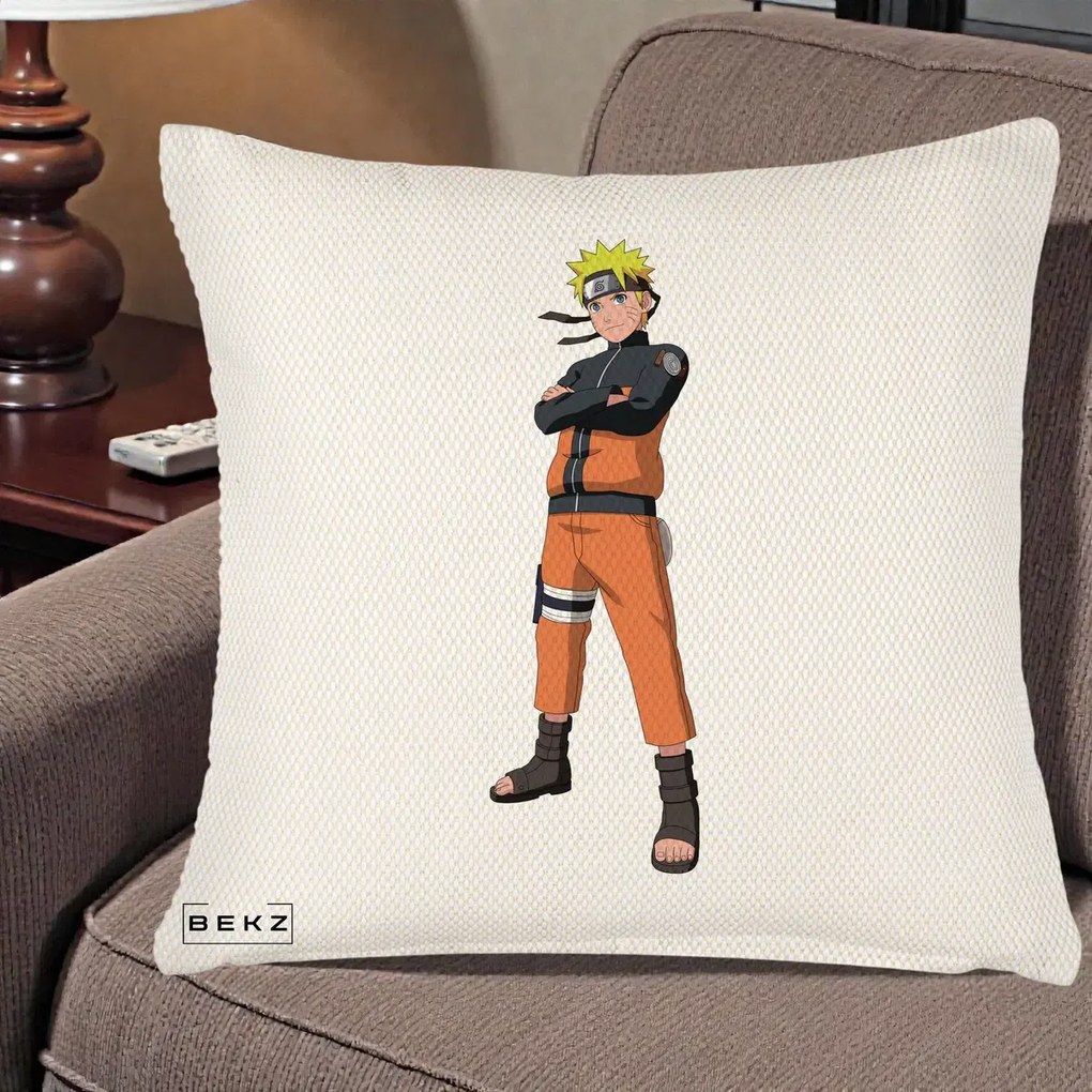 Perna Personalizata Naruto Uzumaki Portret Complet, 40x40 cm, Crem Reliefat, Husa Detasabila, Perna Inclusa, BEKZ®