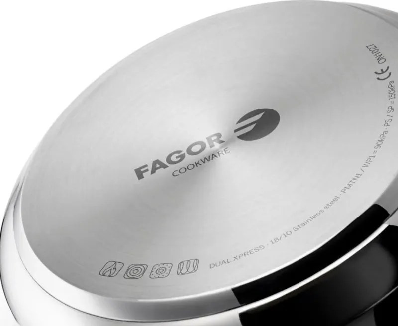 Oală sub presiune Fagor Dual Xpress 6L, 30-90 kPa, 22 cm, 5 sisteme de protecție, fund cu 3 straturi, oțel inoxidabil 18/10, compatibilă cu plite cu inducție, argintiu