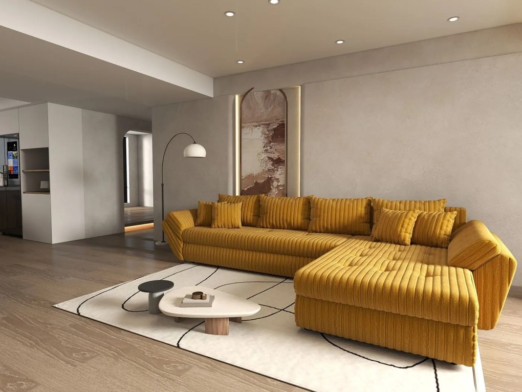 Colțar extensibil dumonde cu ladă de depozitare si sezut confortabil din spuma high-density, Loana XL Ambience Mustar II 335x185 cm